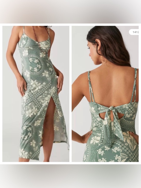Urban Outfitters Dresses & Skirts - Urban Outfitters Arna Floral Midi Slip Dress Sage Green Tie Back Slit Size M